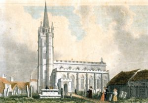 An etching of the church showing an octagonal spire